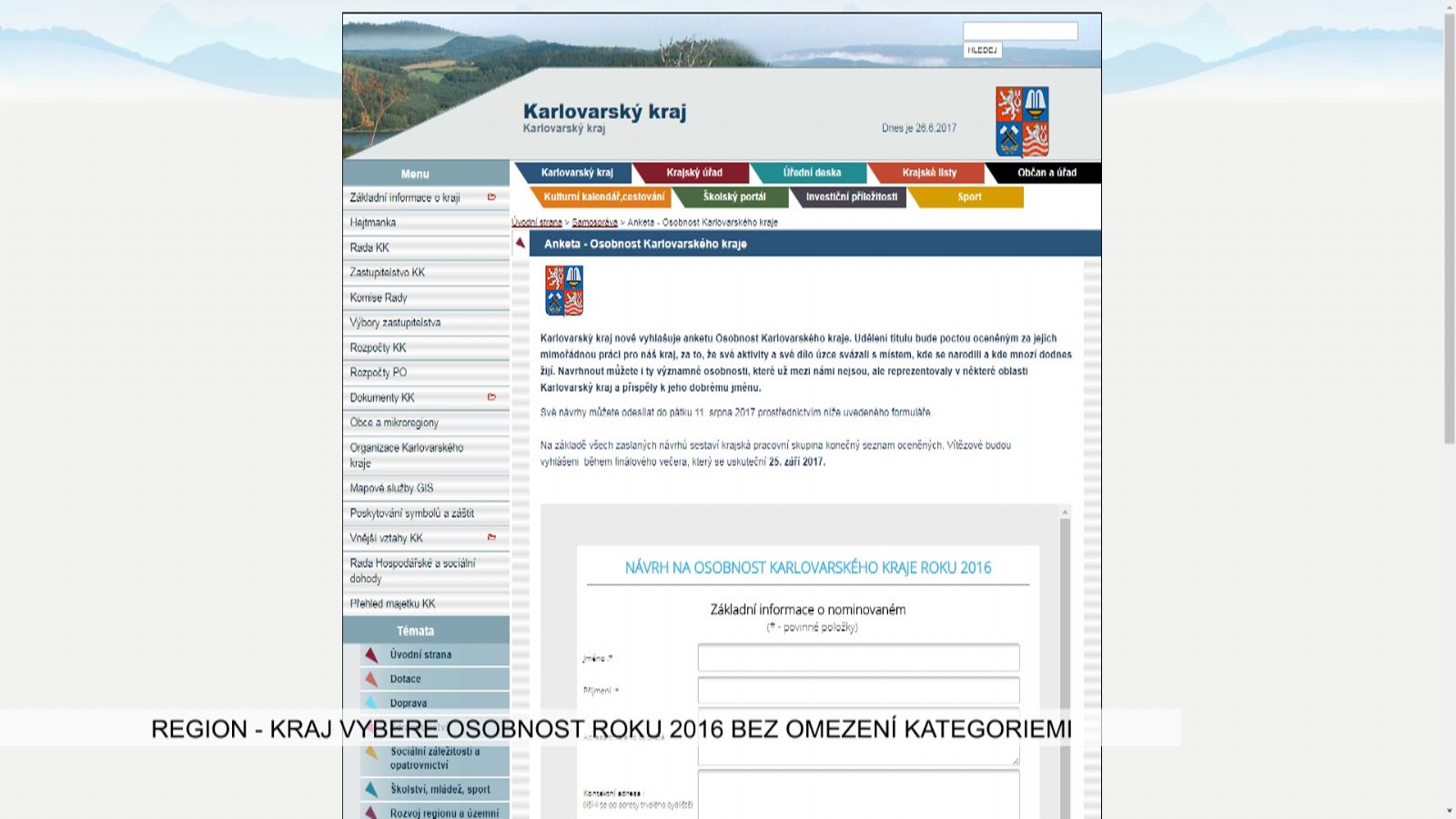 Region: Kraj vybere Osobnost roku 2016 bez omezení kategoriemi (TV Západ)