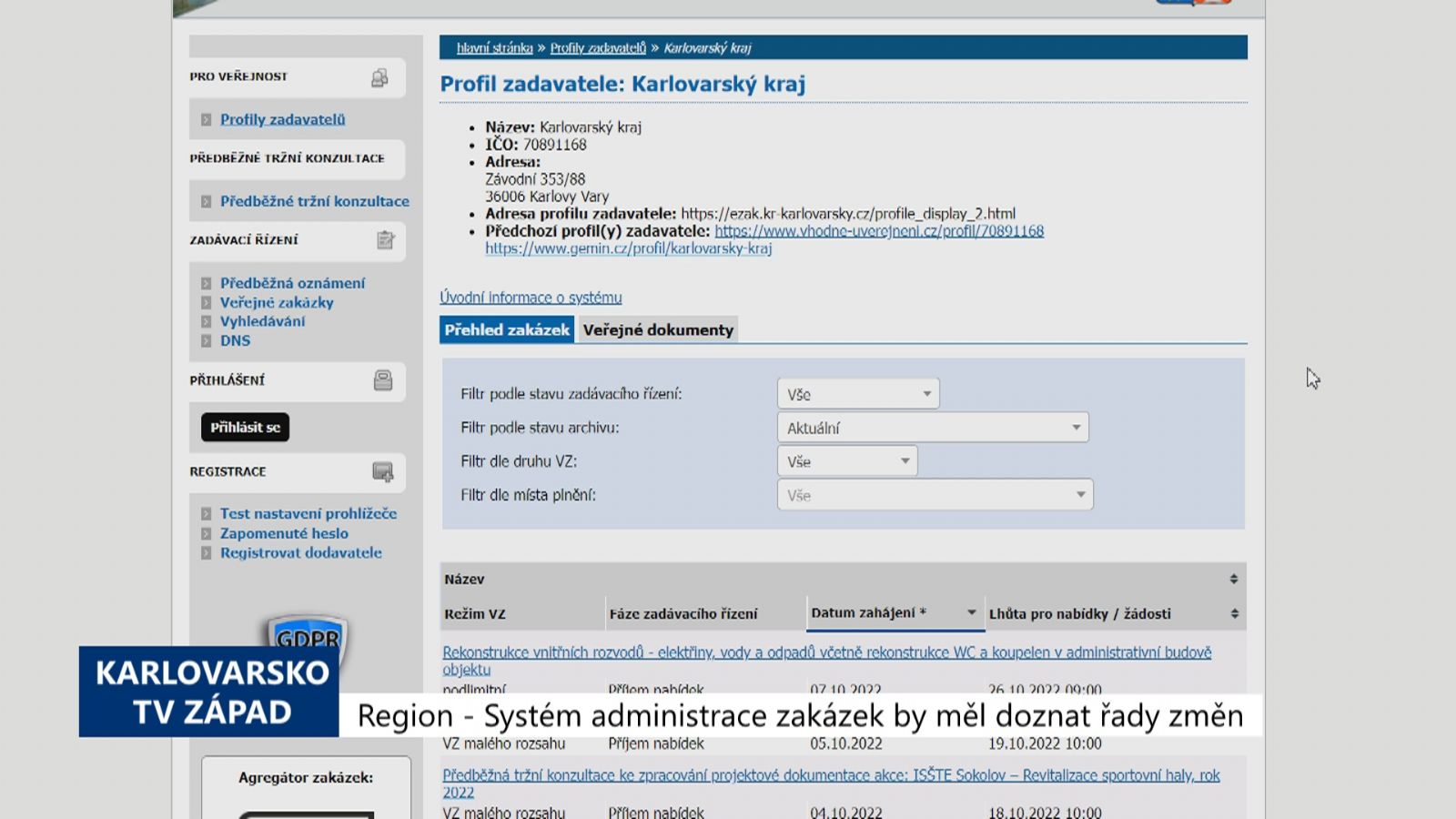 Region: Systém administrace zakázek by měl doznat řady změn (TV Západ)