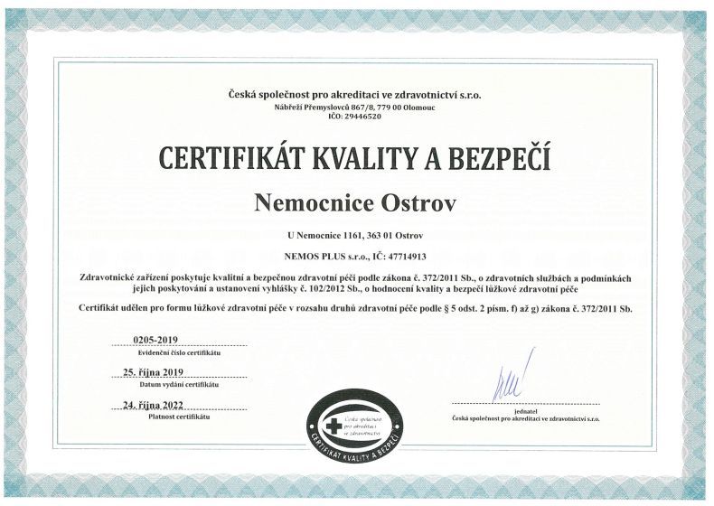 Ostrov: Nemocnici byl opět udělen certifikát kvality a bezpečí